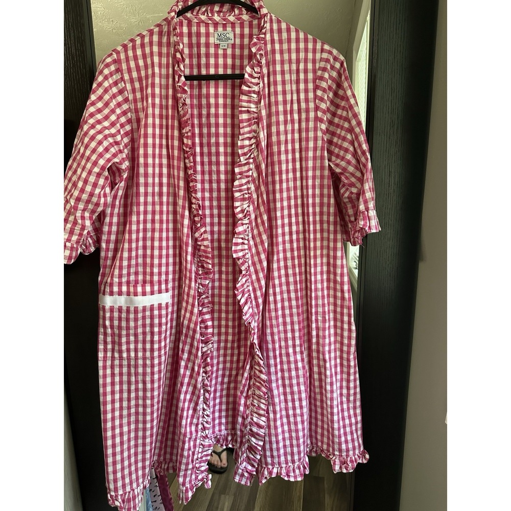 MSC Pink Gingham Ruffle Robe S/M Lightweight Cottagecore Missing The Belt - Picture 2 of 7